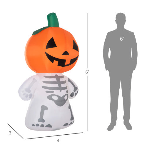6ft Halloween Inflatables Outdoor Decorations, Smiling Skeleton Ghost with Pumpkin Head, Blow Up LED Yard Decor