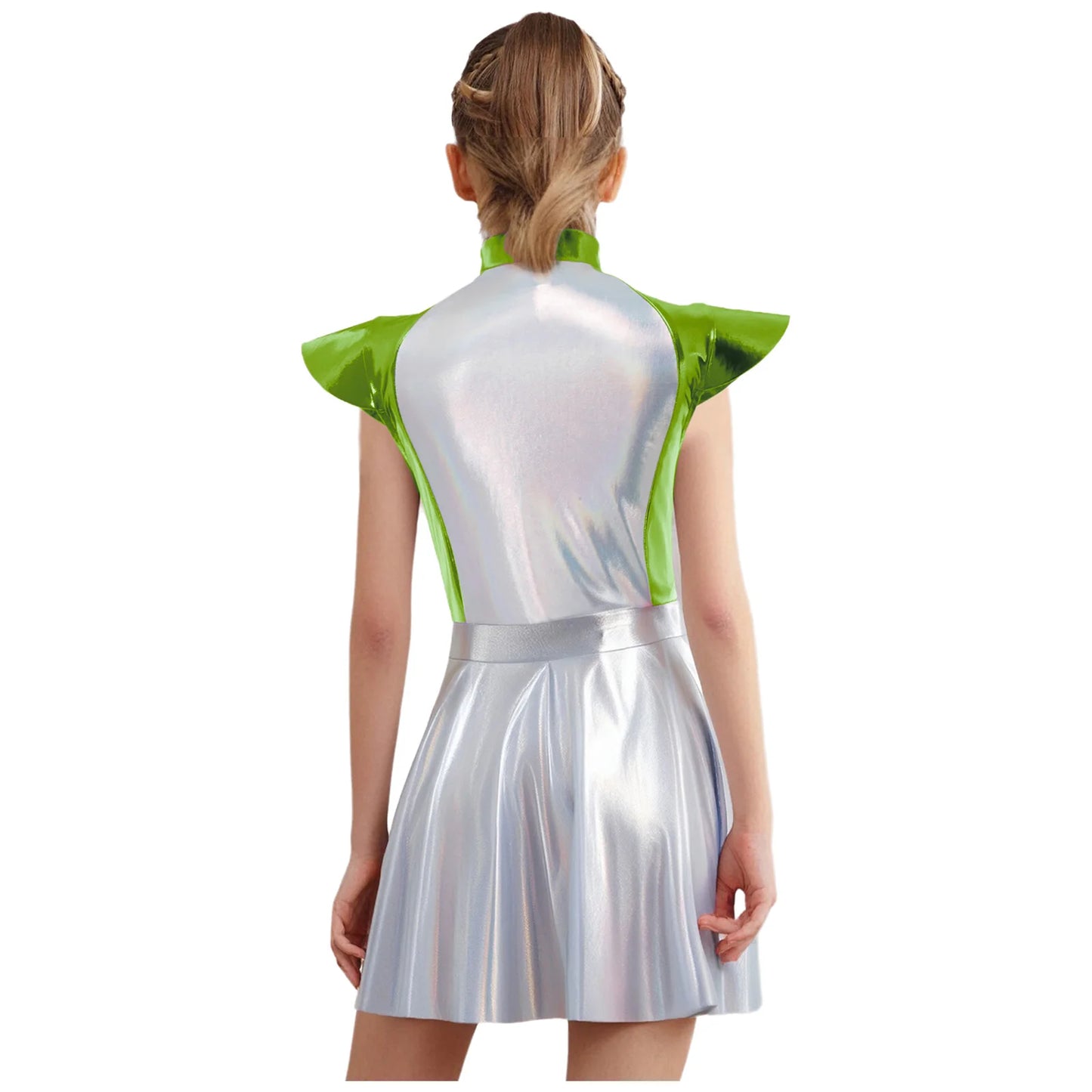 Girls Alien Costume Halloween Outer Space Robot Cosplay Dress With Cap Sleeves High Waist A Line Design Carnival Party Dress Up