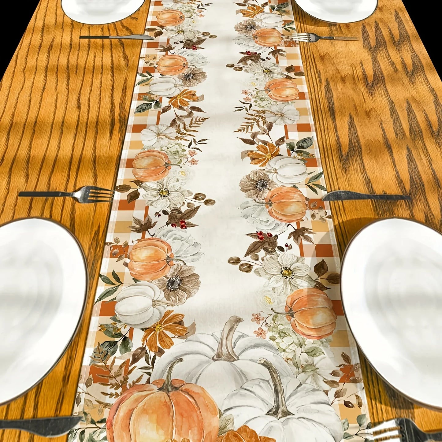 Fall Cucurbit & Maple Leaf Table Runner Checkered Linen Thanksgiving Tablecover with Pumpkins,Autumn Harvest Home Decor