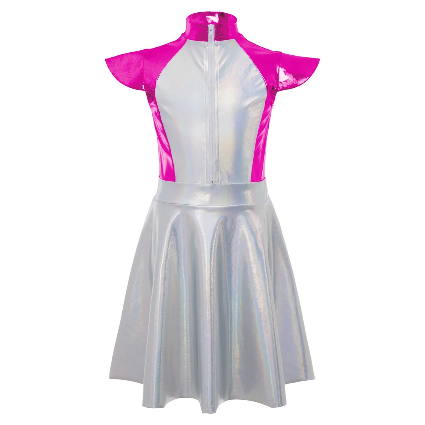 Girls Alien Costume Halloween Outer Space Robot Cosplay Dress With Cap Sleeves High Waist A Line Design Carnival Party Dress Up