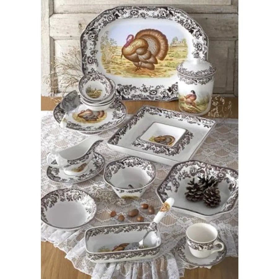 Woodland 12" Square Chip and Dip Turkey Centerpiece Serving Dish Fine Porcelain Holiday Serveware Thanksgiving Platter for Chip