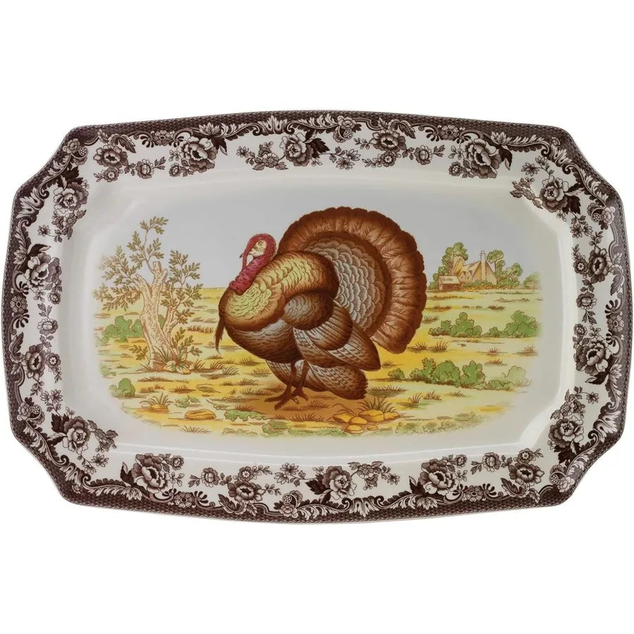 Woodland Turkey Rectangular Platter 17.5 Inch Fine Porcelain Serving Tray from the Woodland Turkey Collection Microwave Dishwas