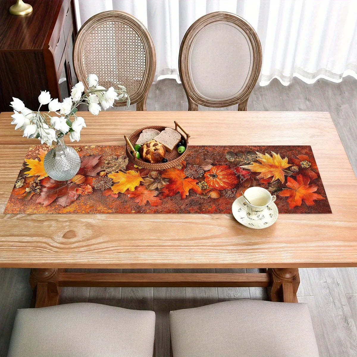 1pc Autumn Harvest Table Runner with Vibrant Fall Leaves and Pumpkins Design, for Thanksgiving Dinner Parties, Farmhouse Style