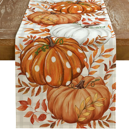 Pumpkin Leaves Fall Table Runner Buffalo Plaid Autumn Thanksgiving Harvest Farmhouse Style Table Decoration for Dining Party