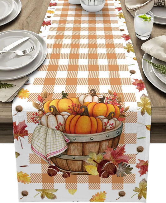 Fall Harvest Thanksgiving Pumpkin Table Runner Table Decor Autumn Maple Leaf Buffalo Plaid Table Runners Home Party Decor