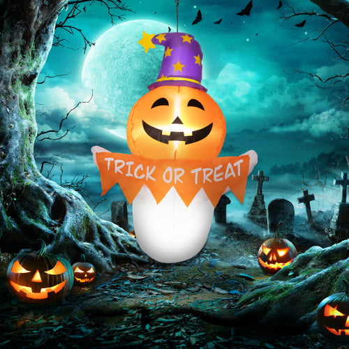 Outsunny 3.4ft Halloween Inflatables Window Sticker Ghost with Orange Face, Blow Up Halloween Decorations Outdoor LED Yard Display