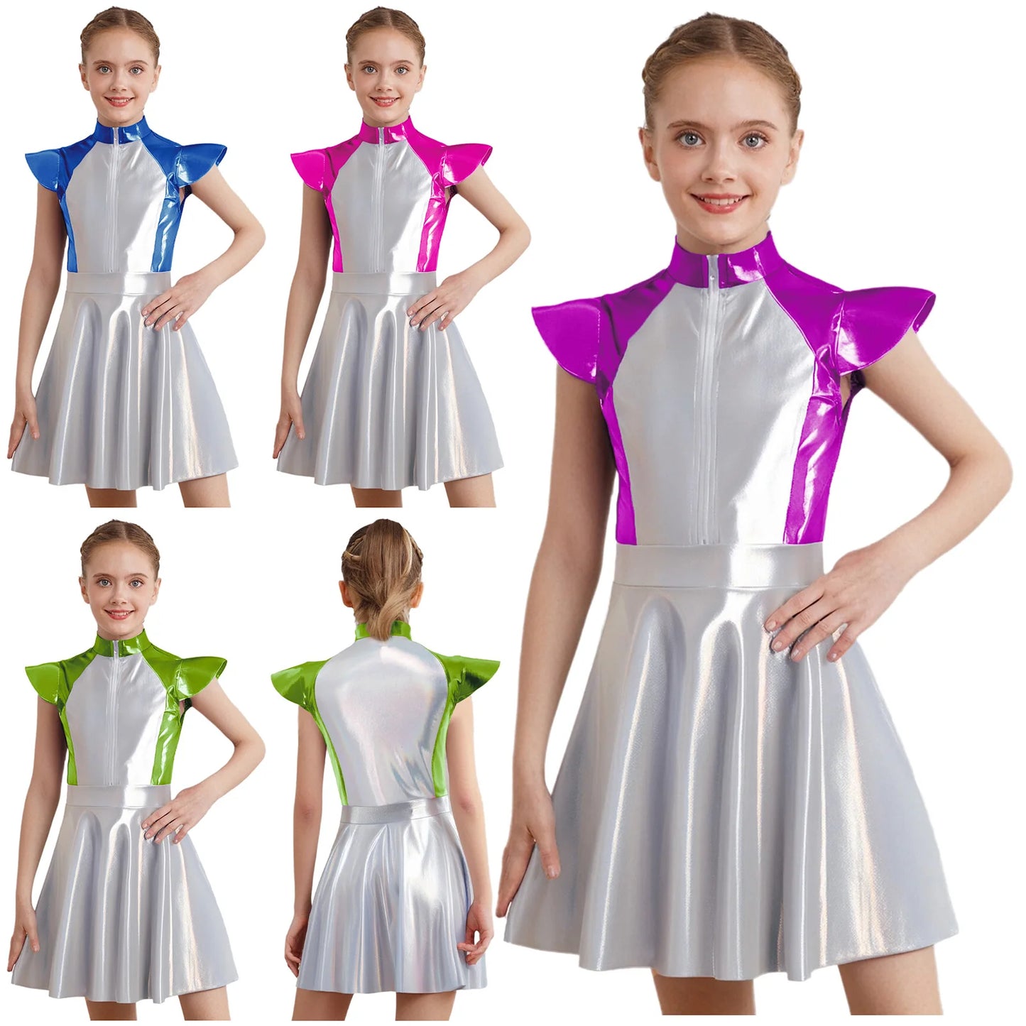 Girls Alien Costume Halloween Outer Space Robot Cosplay Dress With Cap Sleeves High Waist A Line Design Carnival Party Dress Up