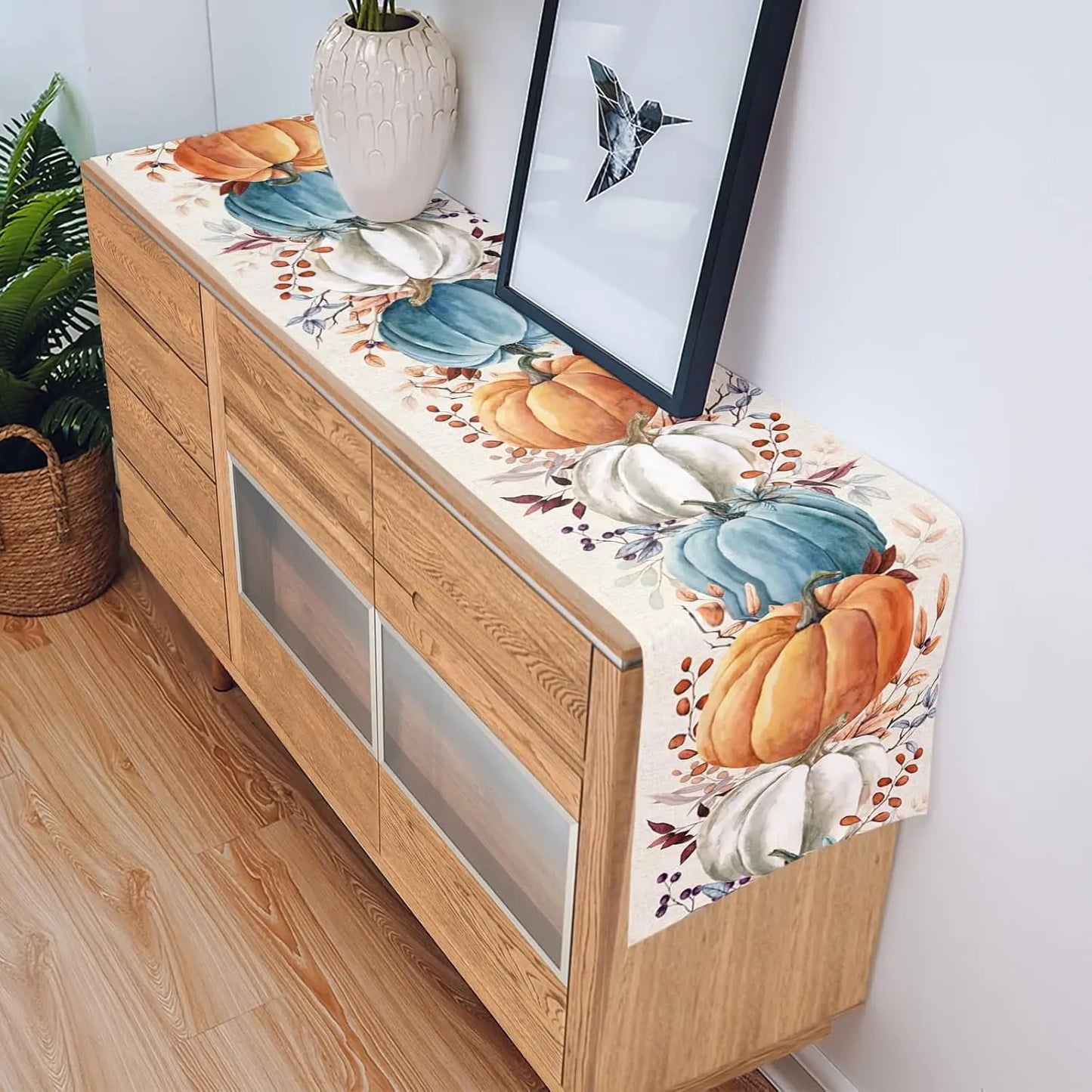Fall Harvest Pumpkins Eucalyptus Leaves Table Runner Party Decor Reusable Kitchen Dining Tablecloth Thanksgiving Decorations