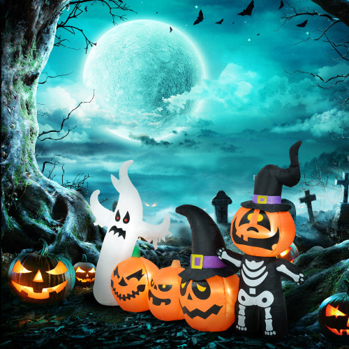 HOMCOM 7.5ft Halloween Inflatables Pumpkin Ghost Family, Blow Up Halloween Decorations Outdoor LED Yard Display
