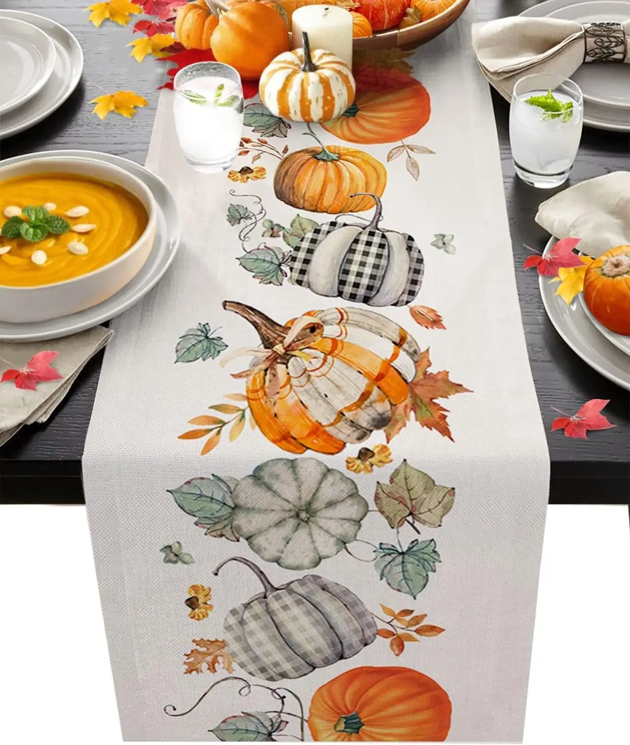 Autumn Pumpkins Maple Leaves Linen Table Runner for Table Decoration Fall Thanksgiving Harvest Table Runners Wedding Party Decor