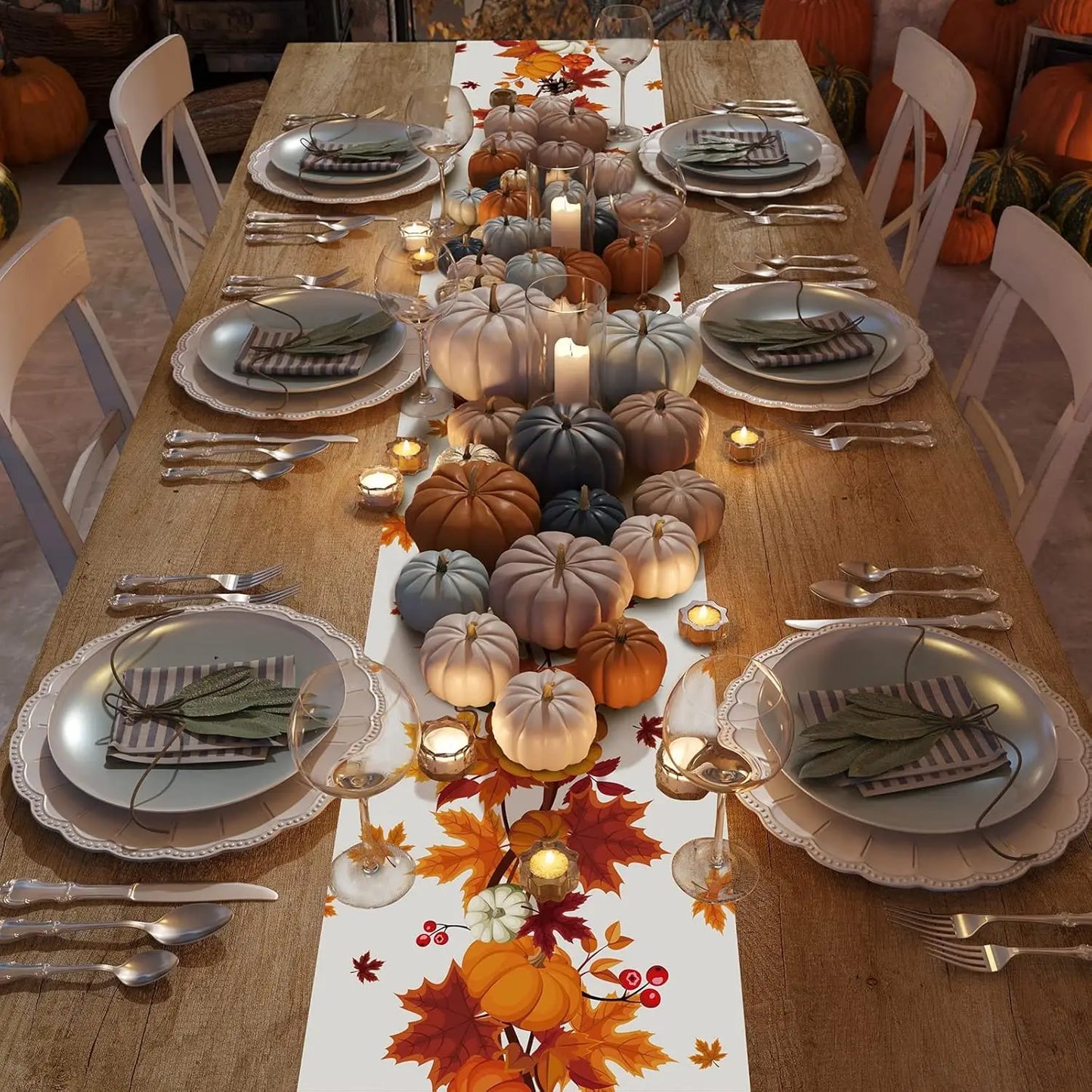 Fall Thanksgiving Pumpkins Linen Table Runner for Table Decoration Autumn Harvest Maple Leaves Table Runners Holiday Party Decor
