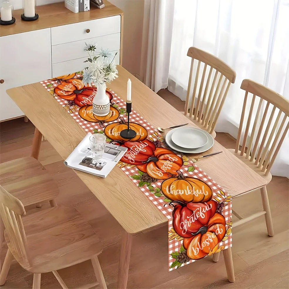 1Pc Pumpkin Theme Table Runner with Positive Words - Inspiring and Grateful Fall Decor for Dining Room, Home, Picnic, B&B, Harvest Party Scene.
