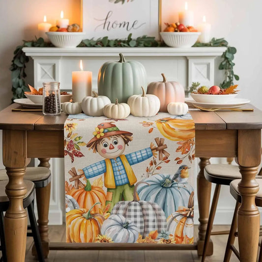 Fall Harvest Pumpkin Straw Man Table Runner Thanksgiving Decoration Washable Autumn  Kitchen Dining Table Runner for Table Decor
