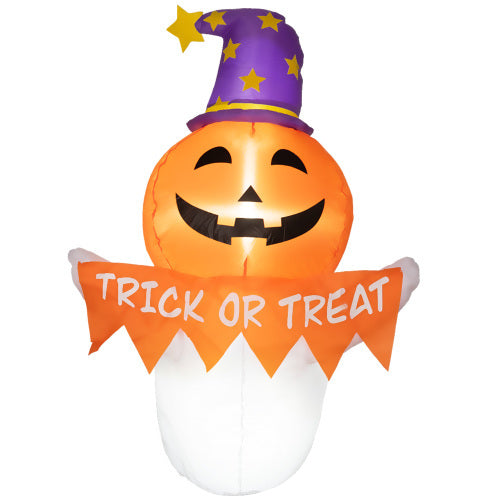 Outsunny 3.4ft Halloween Inflatables Window Sticker Ghost with Orange Face, Blow Up Halloween Decorations Outdoor LED Yard Display