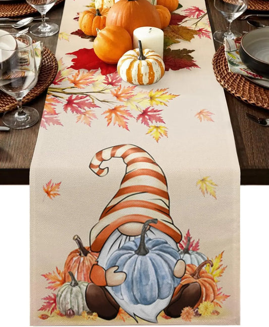 Fall Harvest Gnome Pumpkin Maple Leaves Table Runner Party Decor Reusable Kitchen Dining Table Runner Thanksgiving Decorations