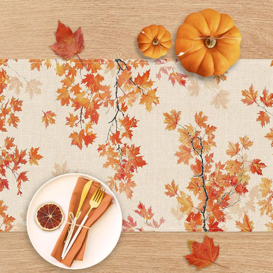 Fall Harvest Branches Maple Leaves Linen Table Runner Party Decor Farmhouse Kitchen Dining Table Runner Thanksgiving Decorations
