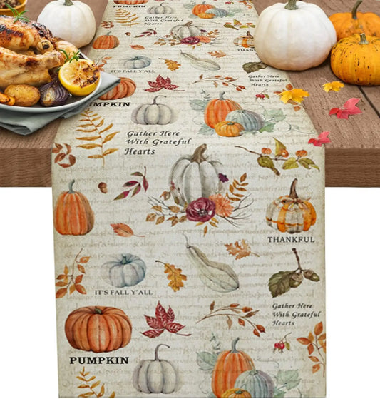 Fall Thanksgiving Pumpkin Maple Leaves Linen Table Runner Farmhouse Harvest Rustic Kitchen Dining Table Runner Party Decorations