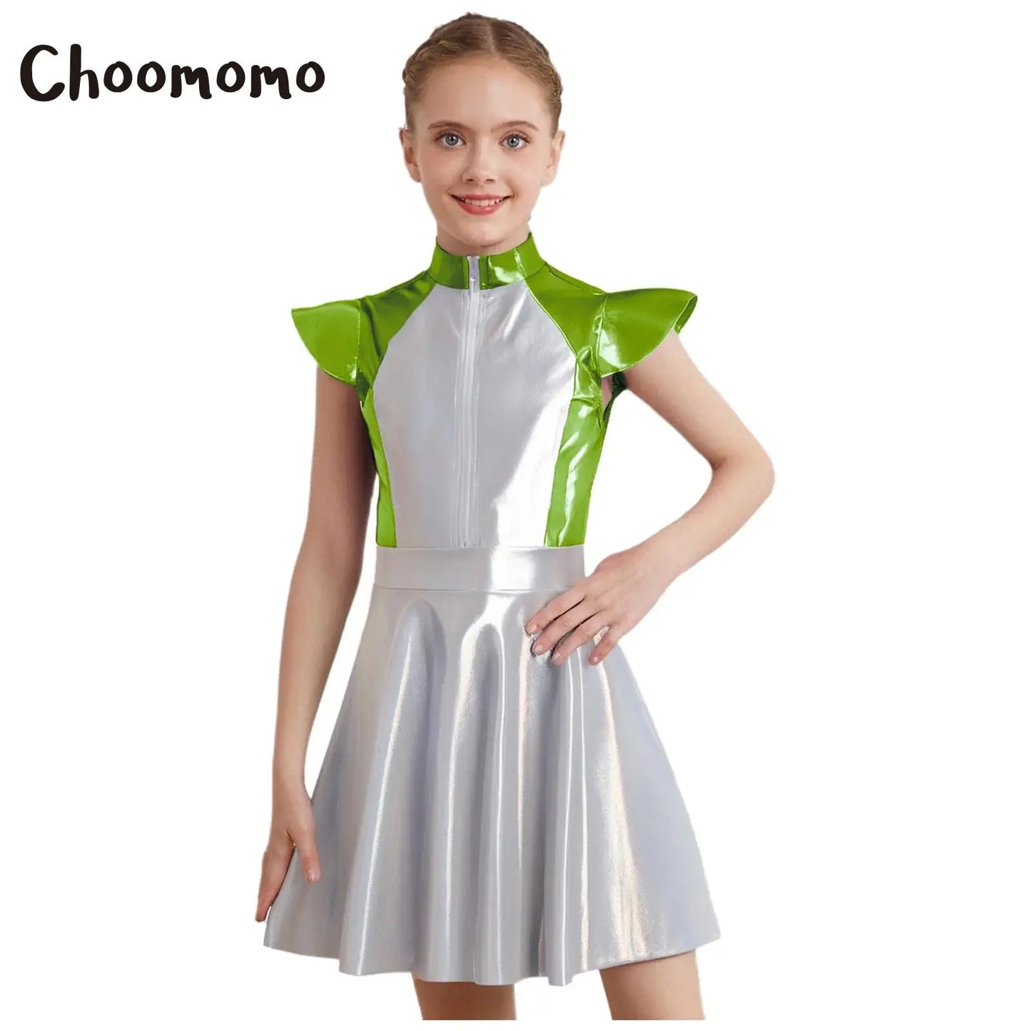 Girls Alien Costume Halloween Outer Space Robot Cosplay Dress With Cap Sleeves High Waist A Line Design Carnival Party Dress Up