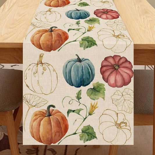 Fall Pumpkin Linen Table Runner, Autumn Harvest Thanksgiving Farmhouse Tabletop Collection, Cute Table Runner For Kitchen Decor