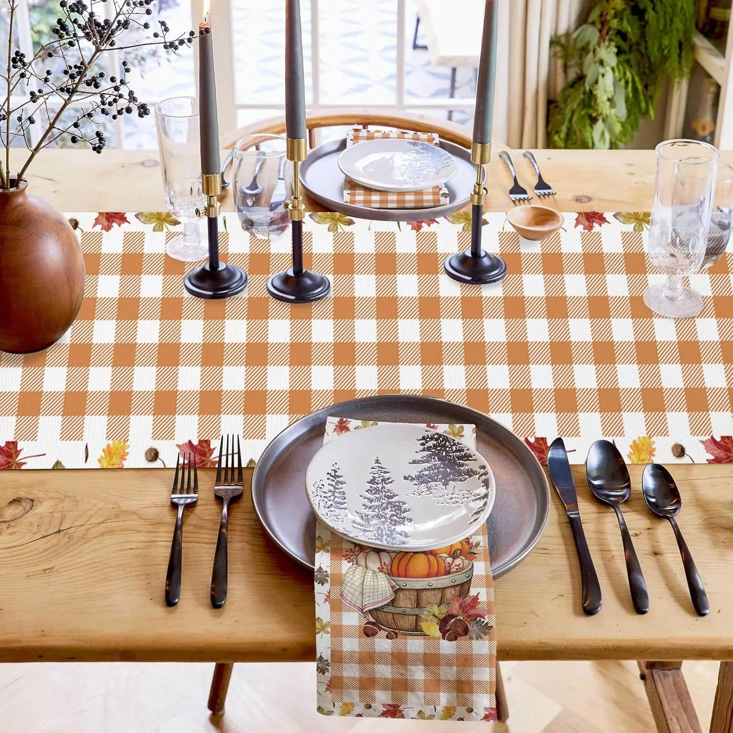 Fall Harvest Thanksgiving Pumpkin Table Runner Table Decor Autumn Maple Leaf Buffalo Plaid Table Runners Home Party Decor