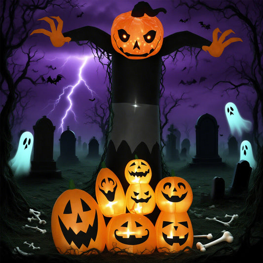 9ft Halloween Inflatables Outdoor Decorations, Pumpkin Ghost with Pumpkin Patch, Outdoor Giant Blow Up Yard Decor with Build-in LED