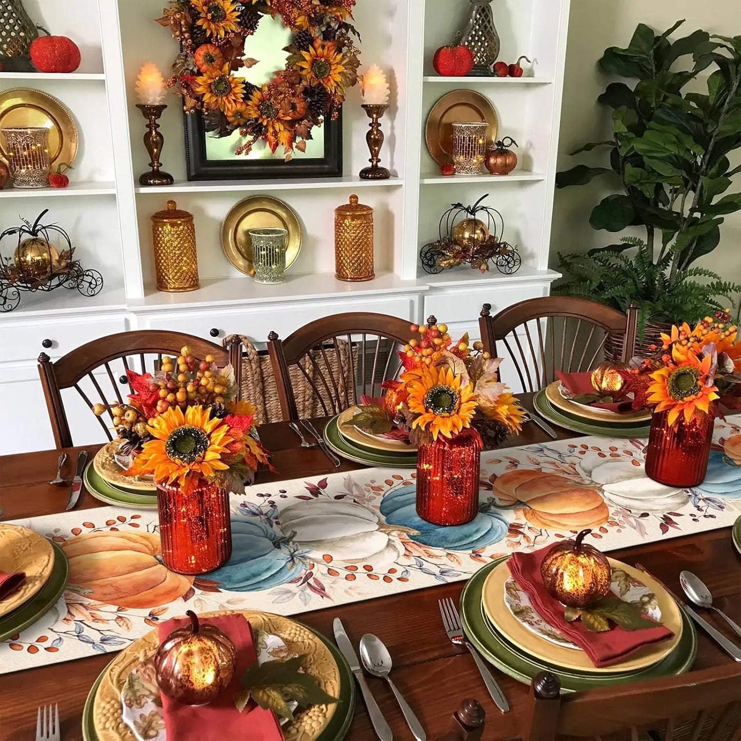 Fall Harvest Pumpkins Eucalyptus Leaves Table Runner Party Decor Reusable Kitchen Dining Tablecloth Thanksgiving Decorations