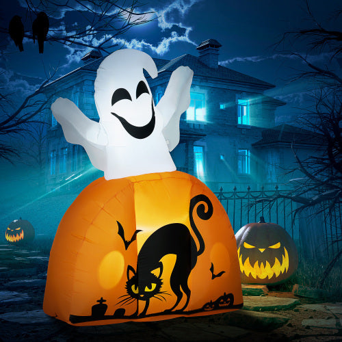 HOMCOM 5ft Halloween Inflatables Outdoor Decorations Ghost with Pumpkin, Outdoor Blow-Up Yard Decor with LED Lights