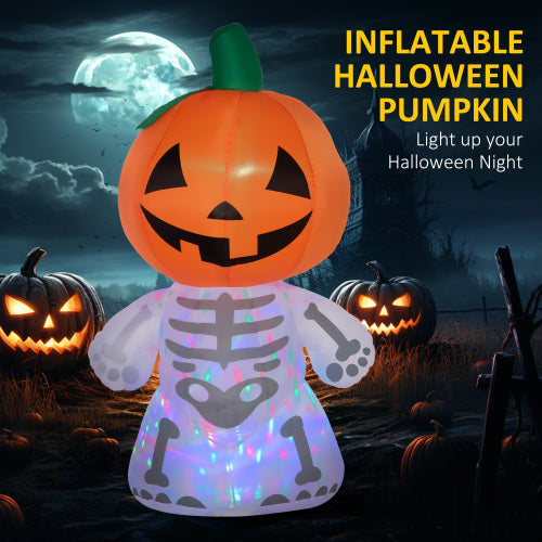6ft Halloween Inflatables Outdoor Decorations, Smiling Skeleton Ghost with Pumpkin Head, Blow Up LED Yard Decor