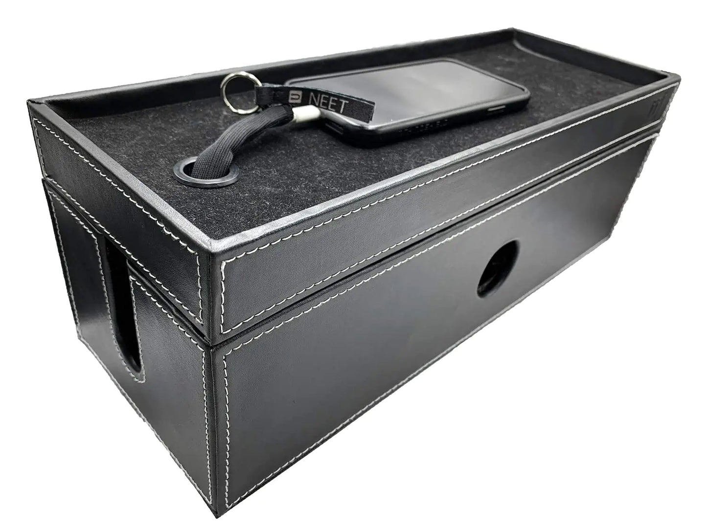 NEET Cable Management Box Large Computer Cord Organizer Hide and Conceal Power Cable Organizer Computers and Desks Black Stitched Leather