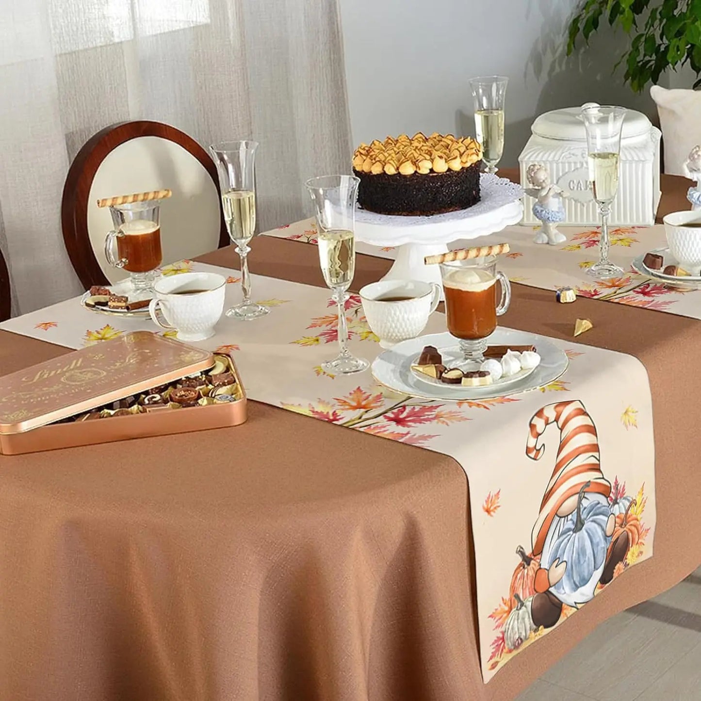 Fall Harvest Gnome Pumpkin Maple Leaves Table Runner Party Decor Reusable Kitchen Dining Table Runner Thanksgiving Decorations