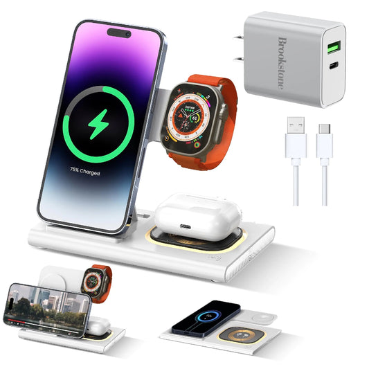 Brookstone 3-in-1 Wireless Charging Station 2 Port 18W Wall Charger & High Speed Cable for Apple iPhone 15 14 13 12 11 Pro Max/Plus/Mini/X/XS/Max/XR/SE Apple iWatch Series & Airpods Pro 2 4