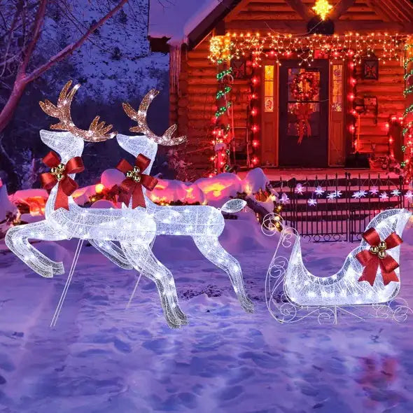 3-Piece Lighted Set Of 2 Reindeer & Sleigh Lighted Holiday Displays