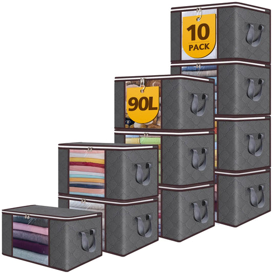 90L Large Storage Bags10 Pack Foldable Clothes Storage Bins with Zipper and Lids Closet Organizers Storage Containers Durable Handle Thick Fabric For BeddingClothing Blanket Pillows and Toys(Gray)