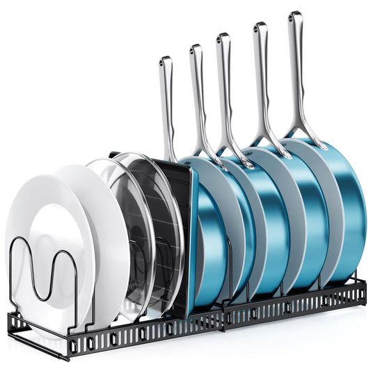 ORDORA Pots and Pans Organizer: Rack for Cabinet Expandable Cutting Board Pot Lid Organizer Holder with 10 Adjustable Dividers for Kitchen Cabinet Organizers and Storage