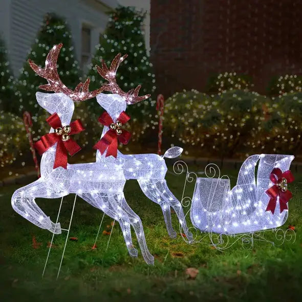 3-Piece Lighted Set Of 2 Reindeer & Sleigh Lighted Holiday Displays