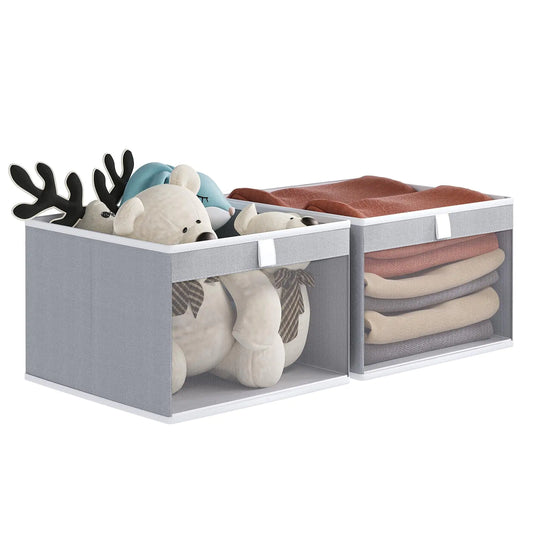 COYACOOL Storage Bins with Clear Window Linen Closet Organizers and Storage Closet Storage Shelves Box Foldable Cloth Basket for Towels Books Toys 10.75" x 10.75" x 7.5" Gray 2-pack