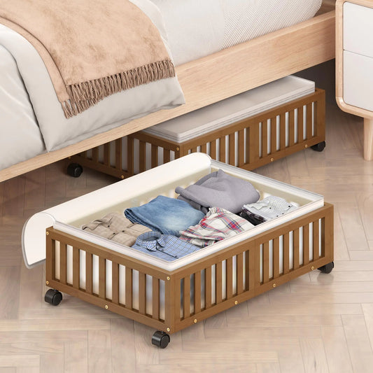 Under Bed Storage Containers with Wheels 2 Pack Bamboo Under the Bed Shoe Storage Bins Wood Rolling Underbed Drawers Organizer for Bedroom Closet Clothes Blanket Comforter Under Crib Toy Walunt