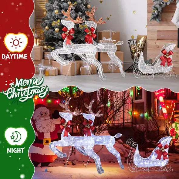 3-Piece Lighted Set Of 2 Reindeer & Sleigh Lighted Holiday Displays