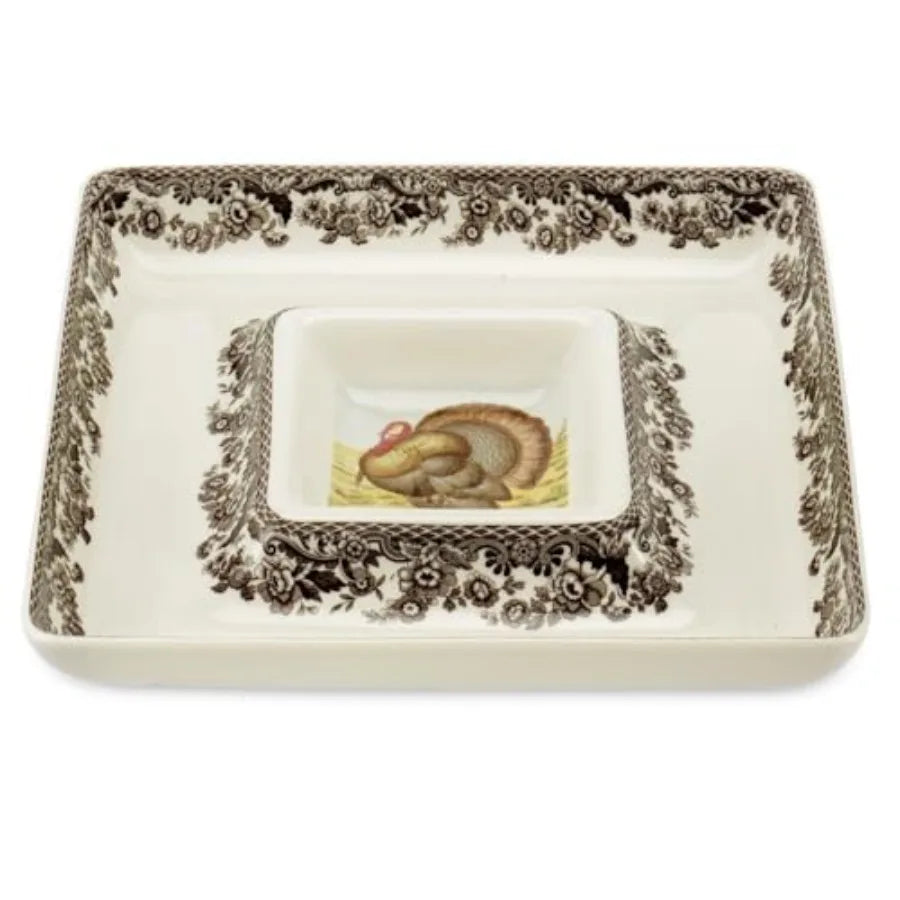 Woodland 12" Square Chip and Dip Turkey Centerpiece Serving Dish Fine Porcelain Holiday Serveware Thanksgiving Platter for Chip