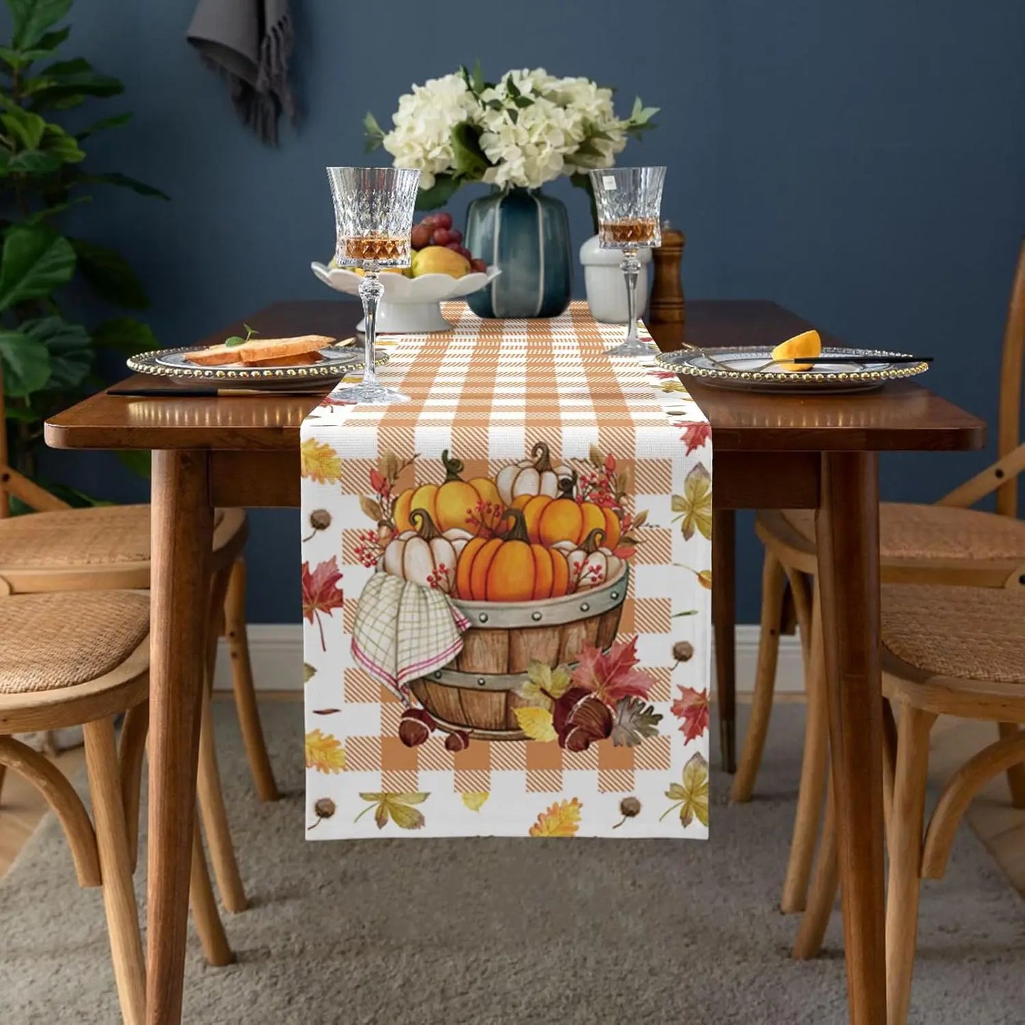 Fall Harvest Thanksgiving Pumpkin Table Runner Table Decor Autumn Maple Leaf Buffalo Plaid Table Runners Home Party Decor