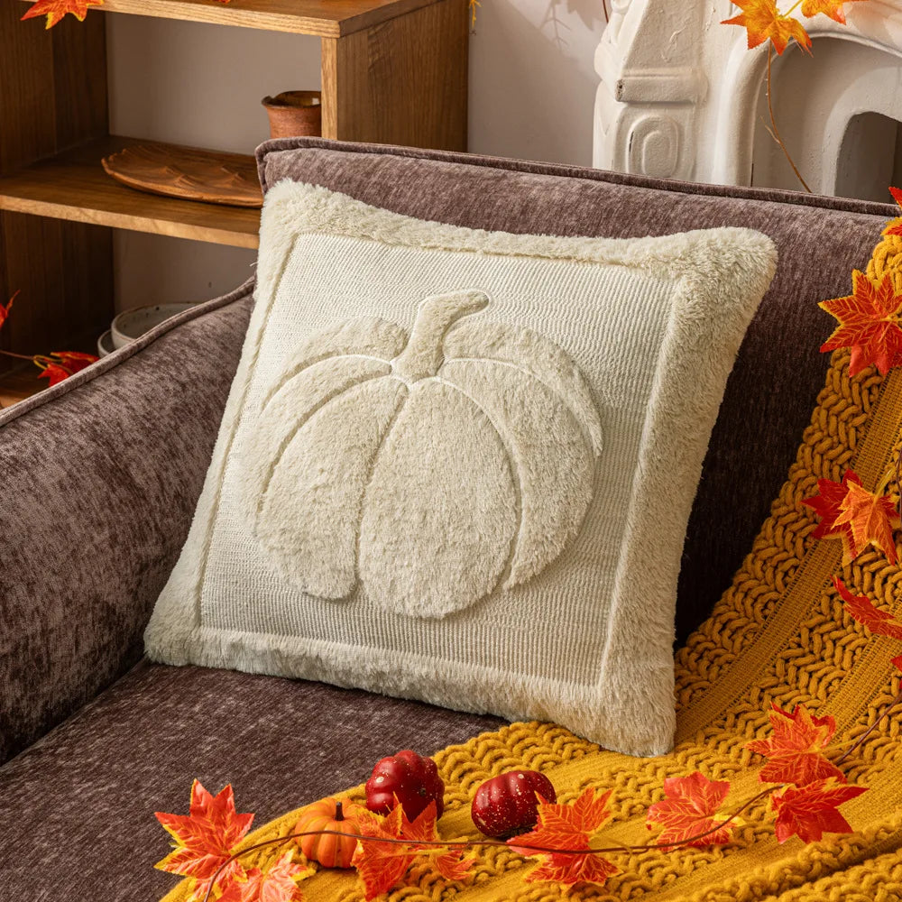 Halloween Pillow Covers Fall Pumpkin Throw Pillows Soft Plush Faux Fur Decorative Cushion Covers for Couch Sofa Bed Porch 45x45