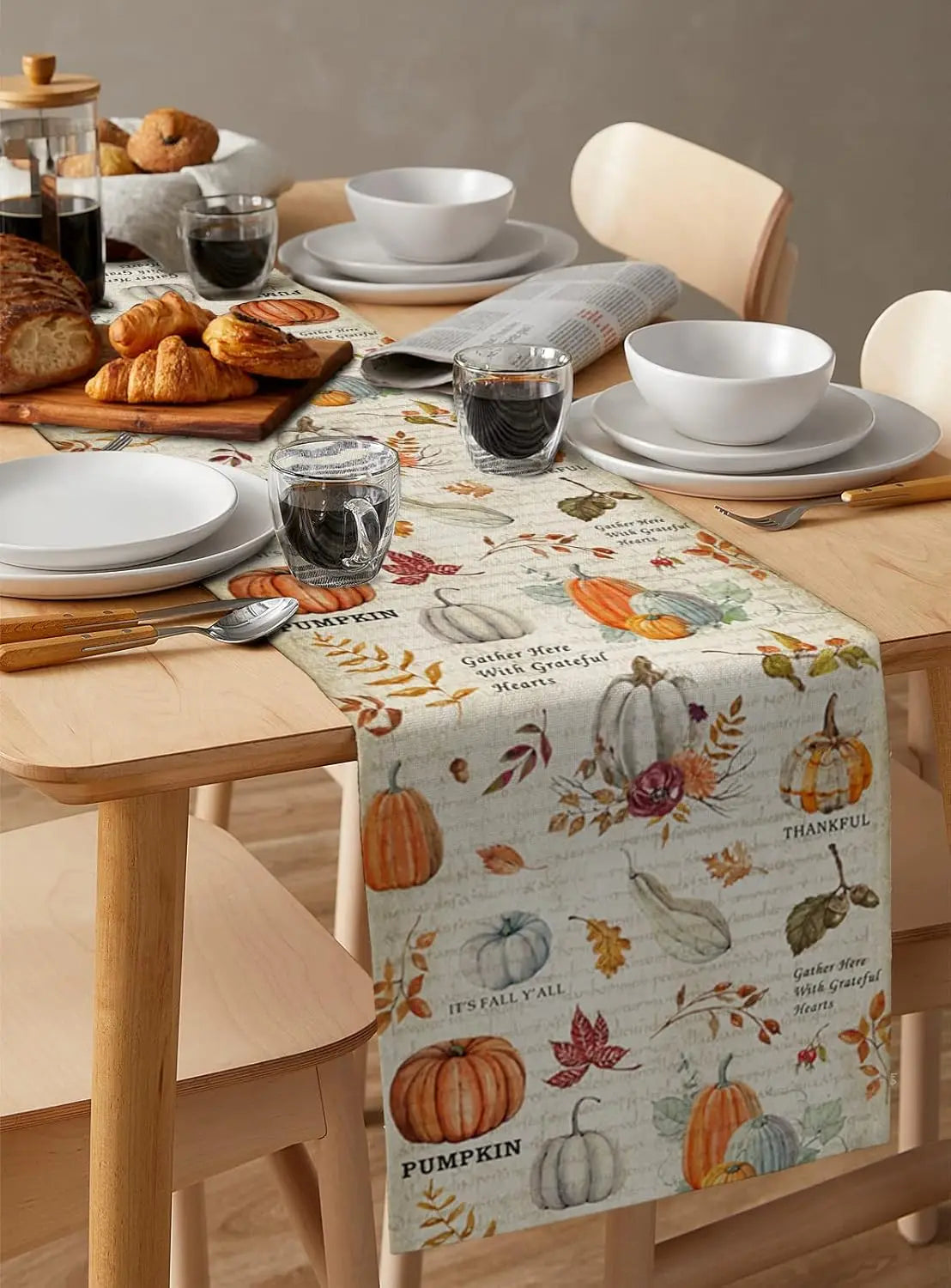 Fall Thanksgiving Pumpkin Maple Leaves Linen Table Runner Farmhouse Harvest Rustic Kitchen Dining Table Runner Party Decorations