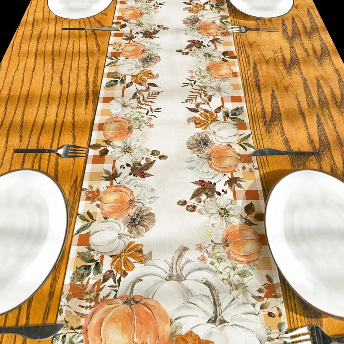 Fall Harvest Pumpkin Maple Leaves Linen Table Runner Party Decor Farmhouse Kitchen Dining Table Runner Thanksgiving Decorations