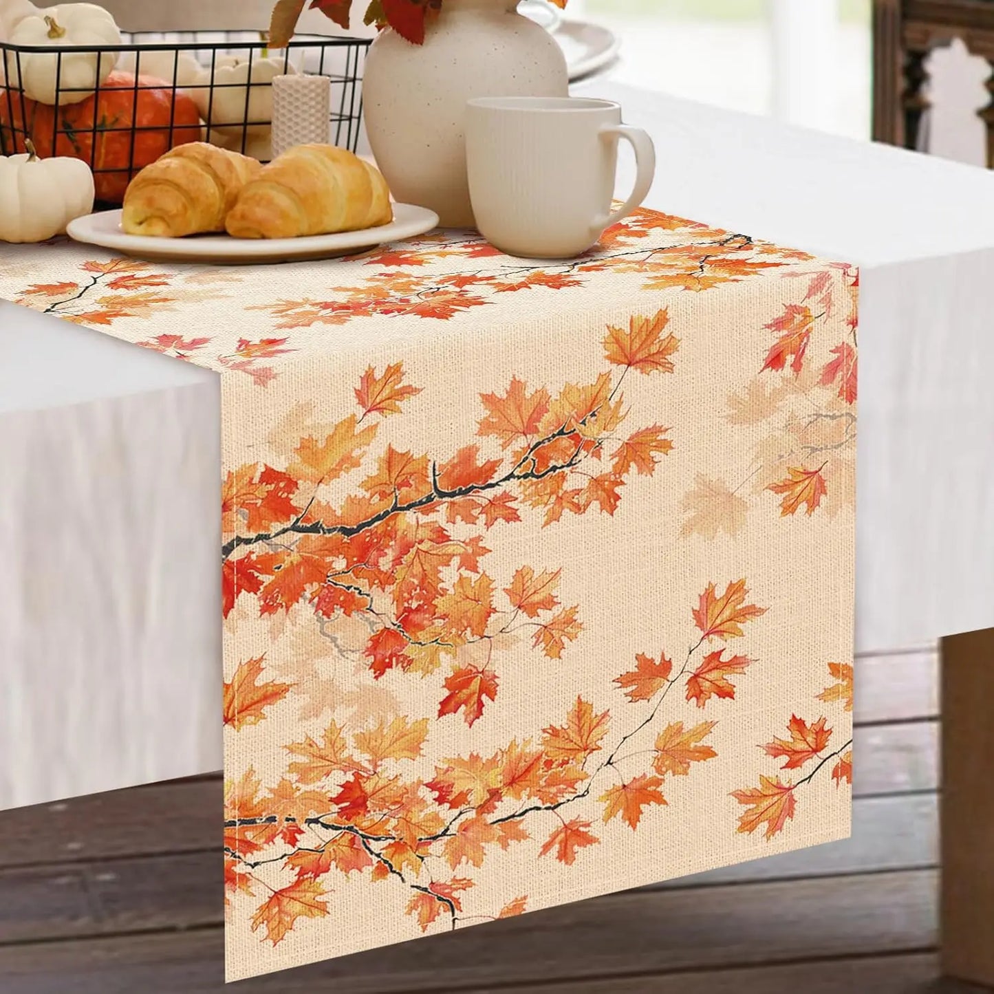 Fall Harvest Branches Maple Leaves Linen Table Runner Party Decor Farmhouse Kitchen Dining Table Runner Thanksgiving Decorations