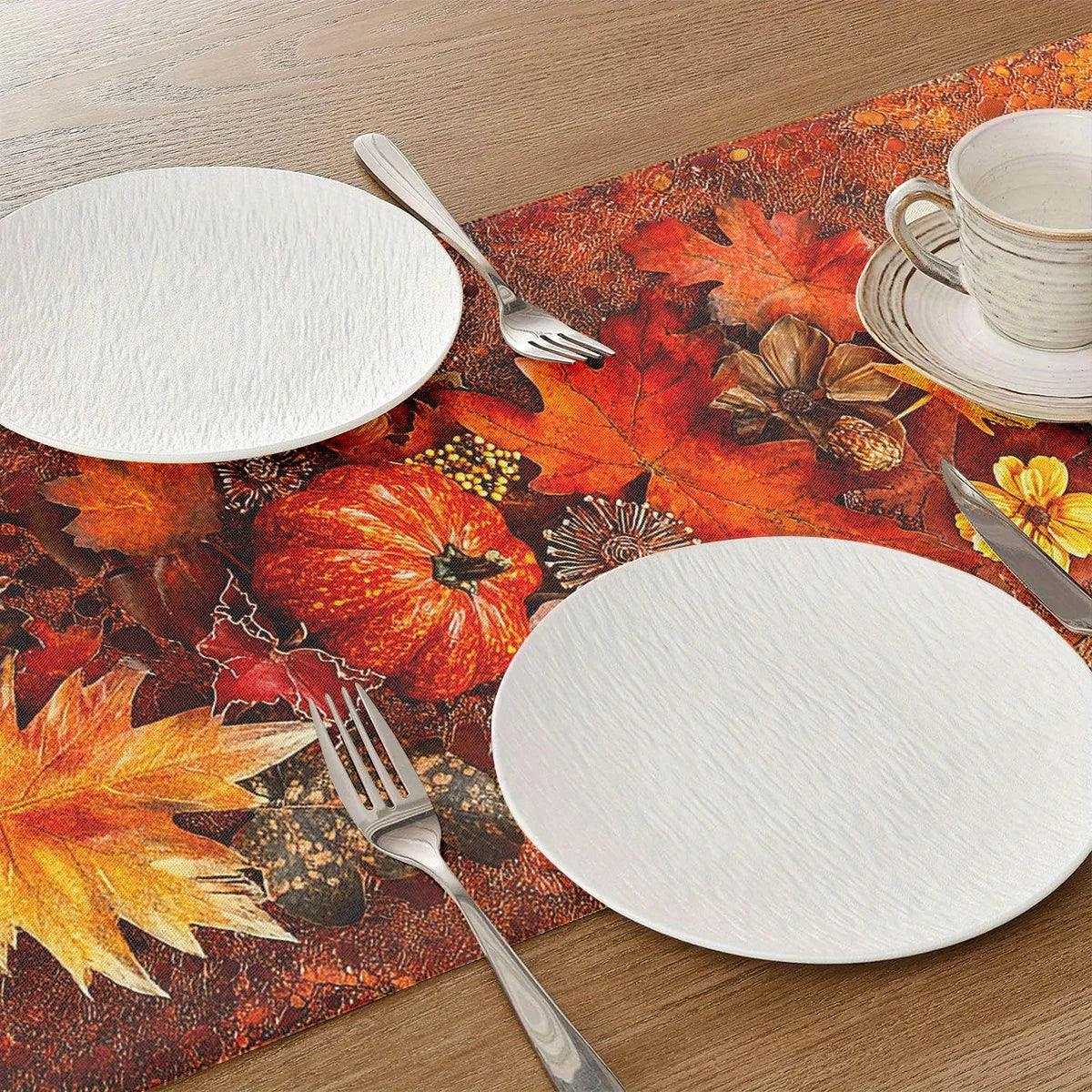 1pc Autumn Harvest Table Runner with Vibrant Fall Leaves and Pumpkins Design, for Thanksgiving Dinner Parties, Farmhouse Style