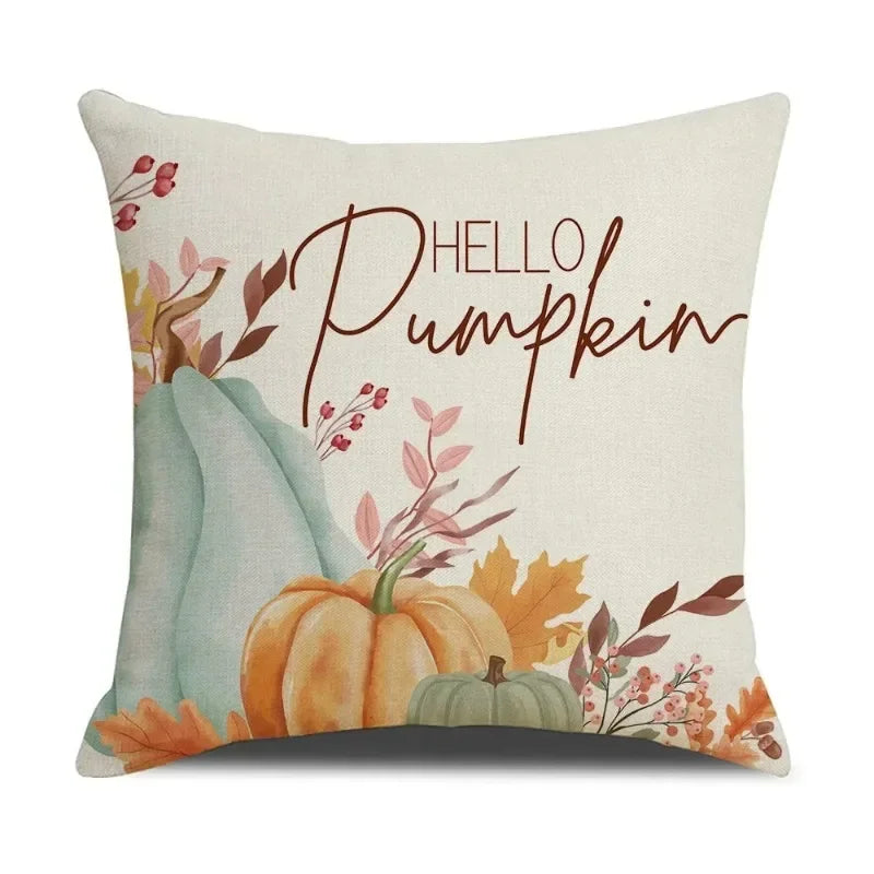 Fall Pumpkin Cushion Covers 18x18 Inch Farmhouse Decor Thanksgiving Buffalo Check Linen Throw Pillow Covers Happy Thanksgiving