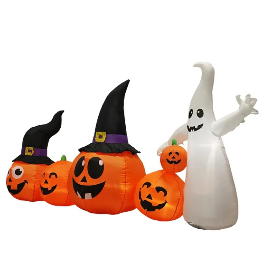 8FT Long Halloween Inflatables Pumpkins Ghost Outdoor Decorations, Blow Up Yard Decoration With Built-in LEDs