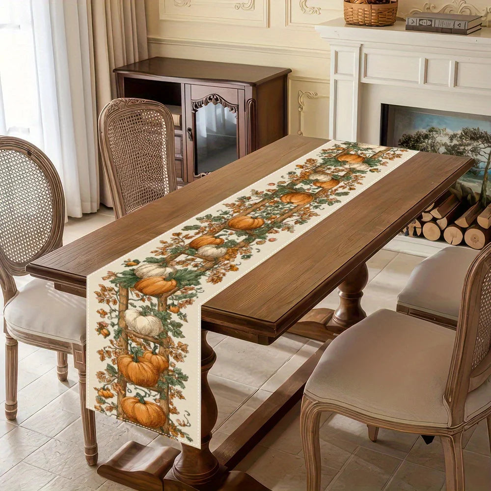 1Pc Fall Table Runner - Pumpkin, Orange and Brown Fall Decor with Ladder Design, Fits Restaurant, Home, Harvest Party, Pastoral Market.