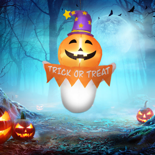 Outsunny 3.4ft Halloween Inflatables Window Sticker Ghost with Orange Face, Blow Up Halloween Decorations Outdoor LED Yard Display