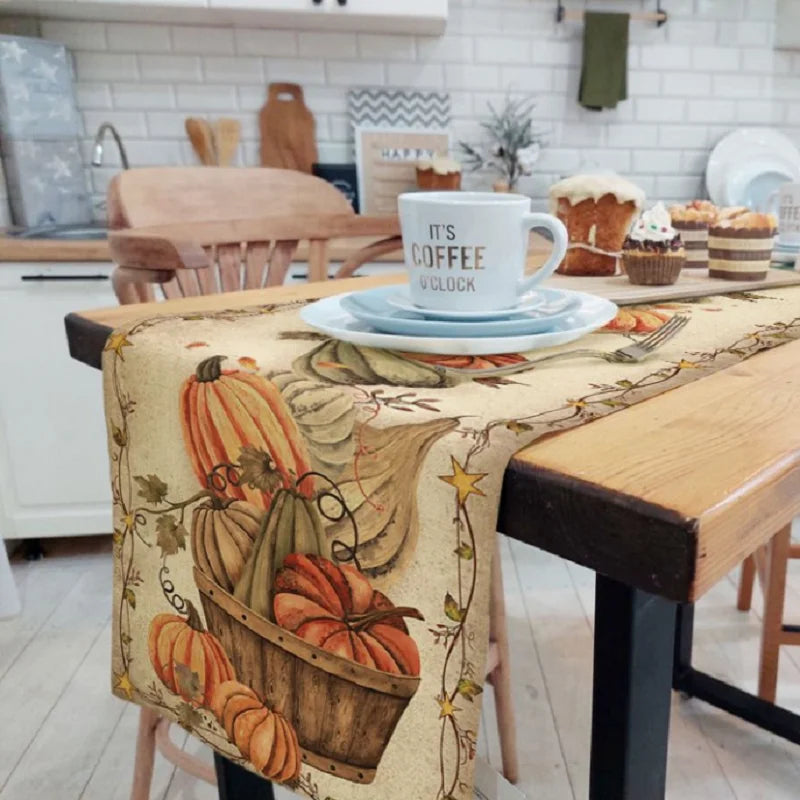 Fall Pumpkin Linen Table Runner, Autumn Harvest Thanksgiving Farmhouse Tabletop Collection, Cute Table Runner For Kitchen Decor